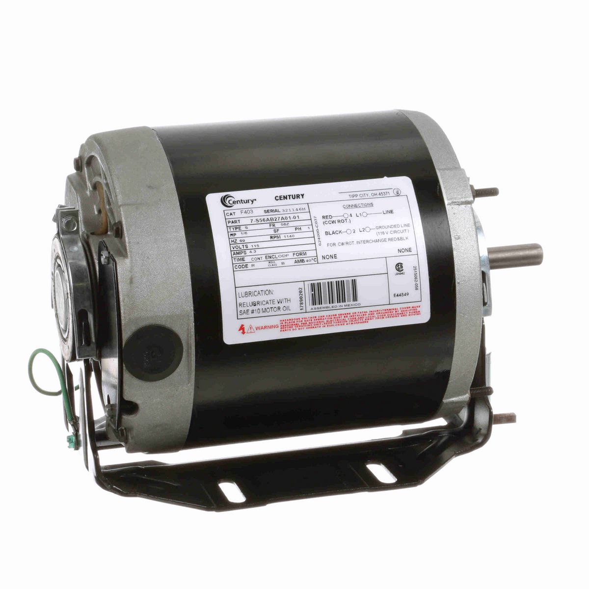 Century General Purpose Motor, 1/6 HP, 1 Ph, 60 Hz, 115 V, 1200 RPM, 56Z Frame, ODP - F403