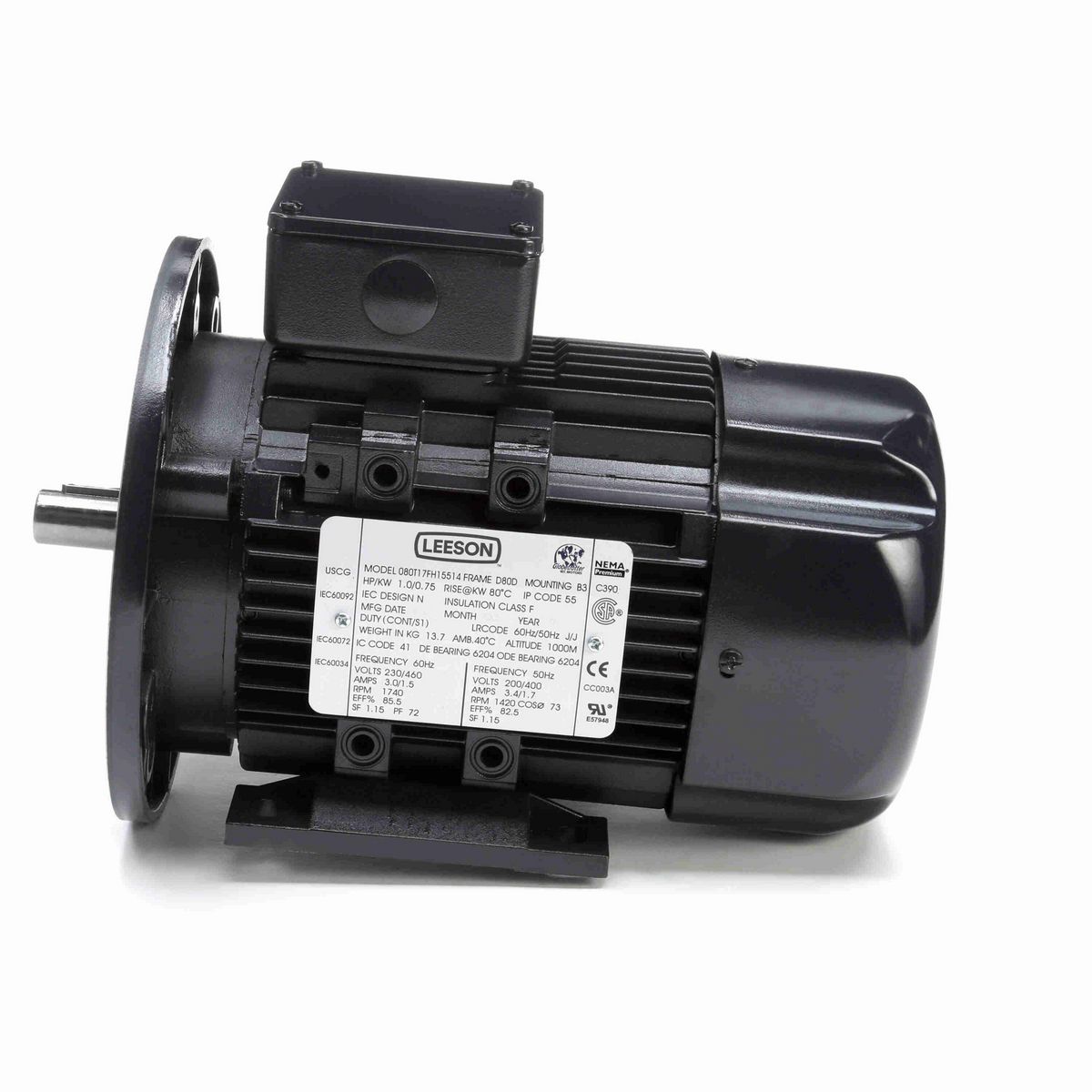 LEESON Aluminium Motor, 1 & 1 HP, 3 Ph, 60 & 50 Hz, 230/460 & 200/400 V, 1800 & 1500 RPM, 80 Frame, TEFC - R393A