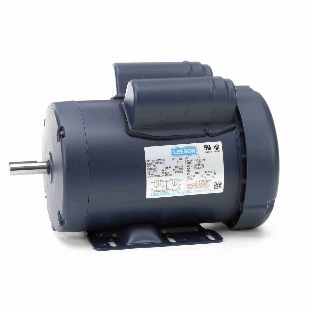 LEESON General Purpose Motor, 1.50 HP, 1 Ph, 60 Hz, 115/230 V, 1800 RPM, 56H Frame, TEFC - 110019.00