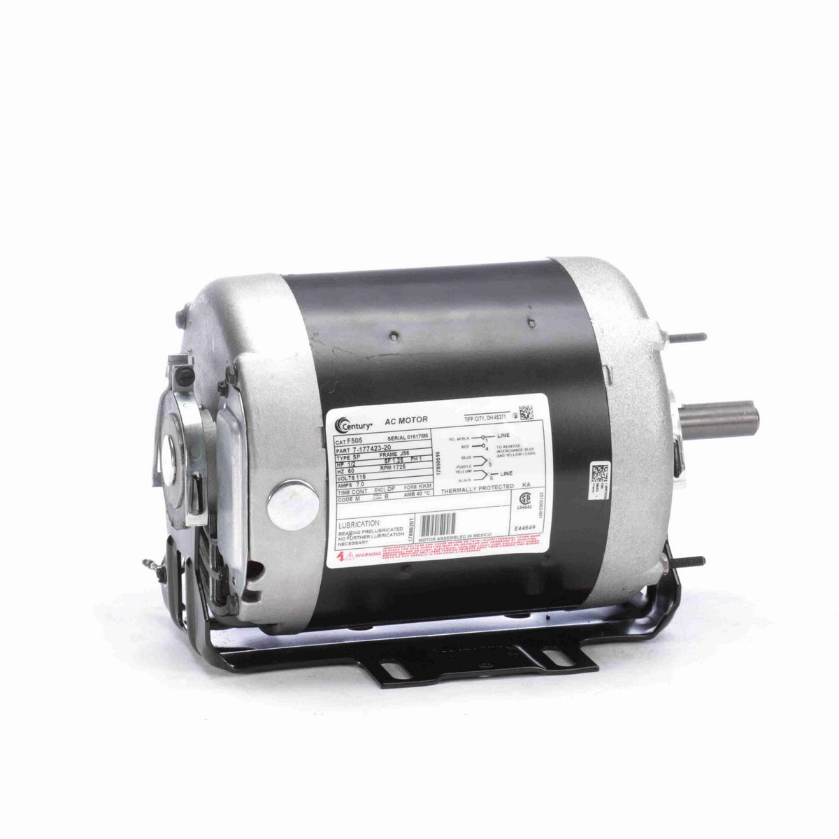 Century Fan and Blower Motor, 1/2 HP, 1 Ph, 60 Hz, 115 V, 1800 RPM, J56 Frame, DP - F505
