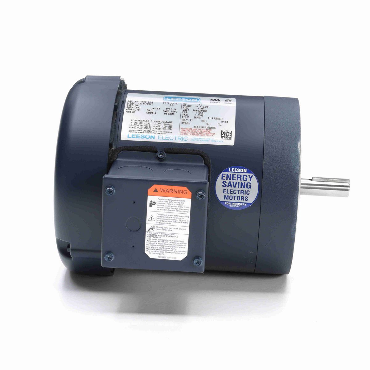 LEESON General Purpose Motor, 0.33 HP, 3 Ph, 60 Hz, 208-230/460 V, 1200 RPM, 56C Frame, TEFC - 113311.00