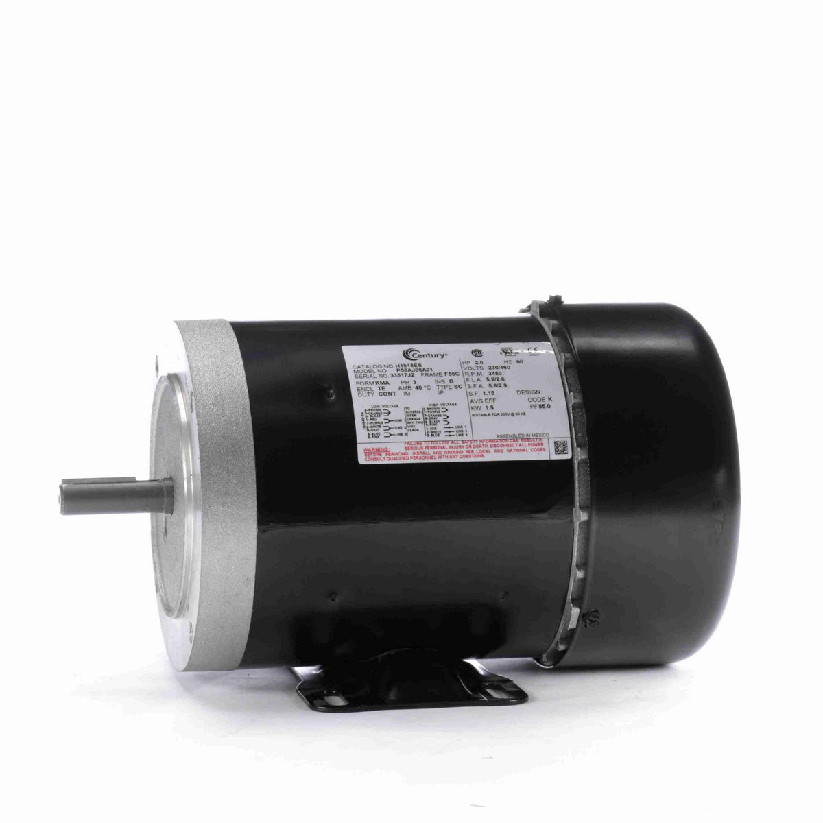 Century General Purpose Motor, 2.0 HP, 3 Ph, 60 Hz, 230/460 V, 3600 RPM, F56C Frame, TEFC - H1015ES