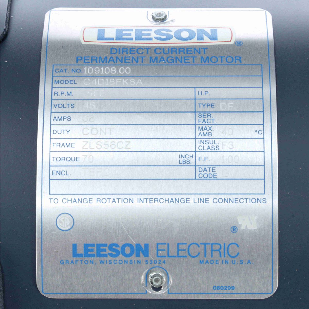 LEESON Low Voltage Motor, 2 HP, 48 V, 1800 RPM, S56CZ Frame, TEFC - 109108.00