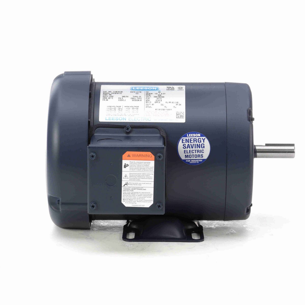 LEESON General Purpose Motor, 0.50 HP, 3 Ph, 60 Hz, 230/460 V, 900 RPM, 56 Frame, TEFC - 114618.00