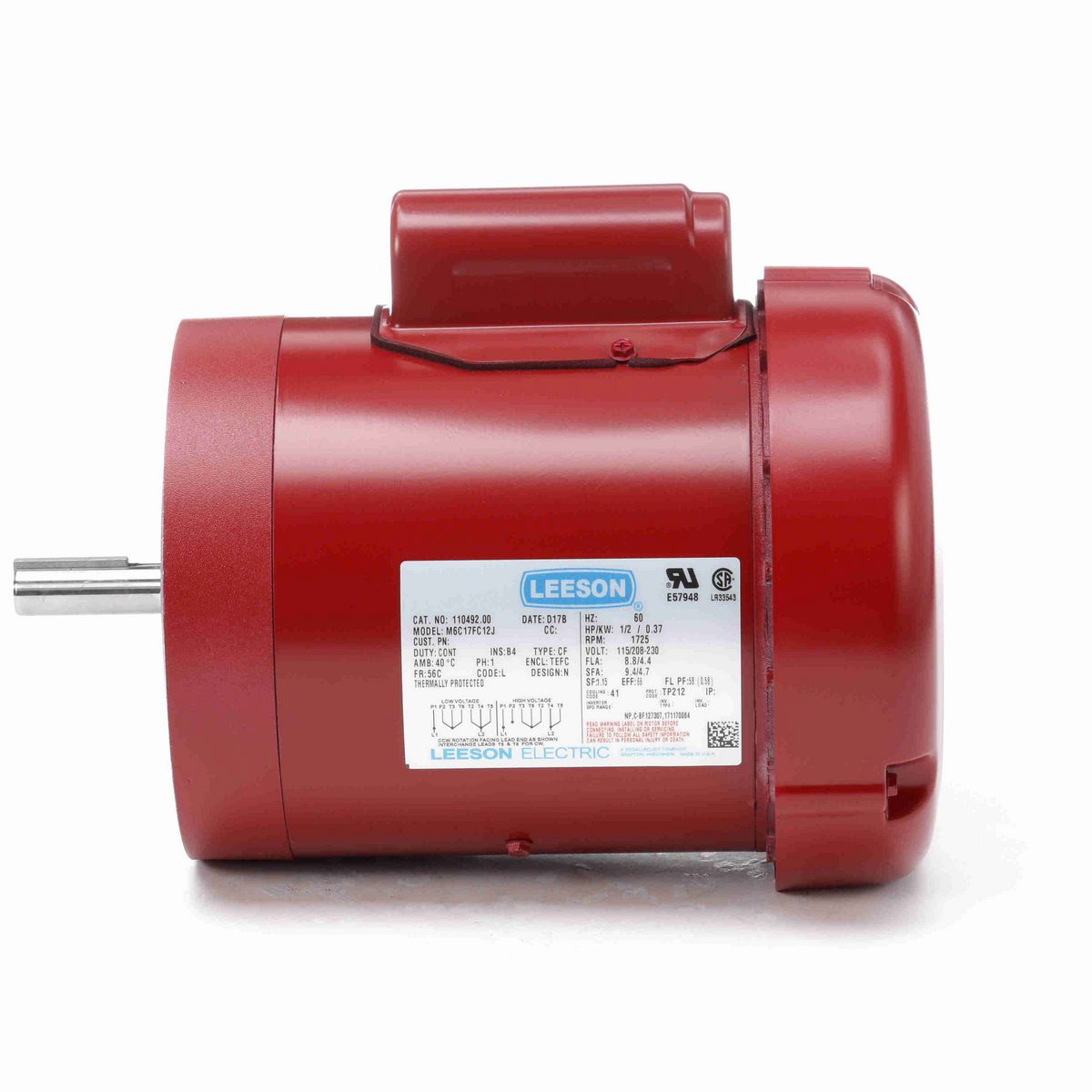 LEESON Agricultural Motor, 0.50 HP, 1 Ph, 60 Hz, 115/230 V, 1800 RPM, 56C Frame, TEFC - 110492.00
