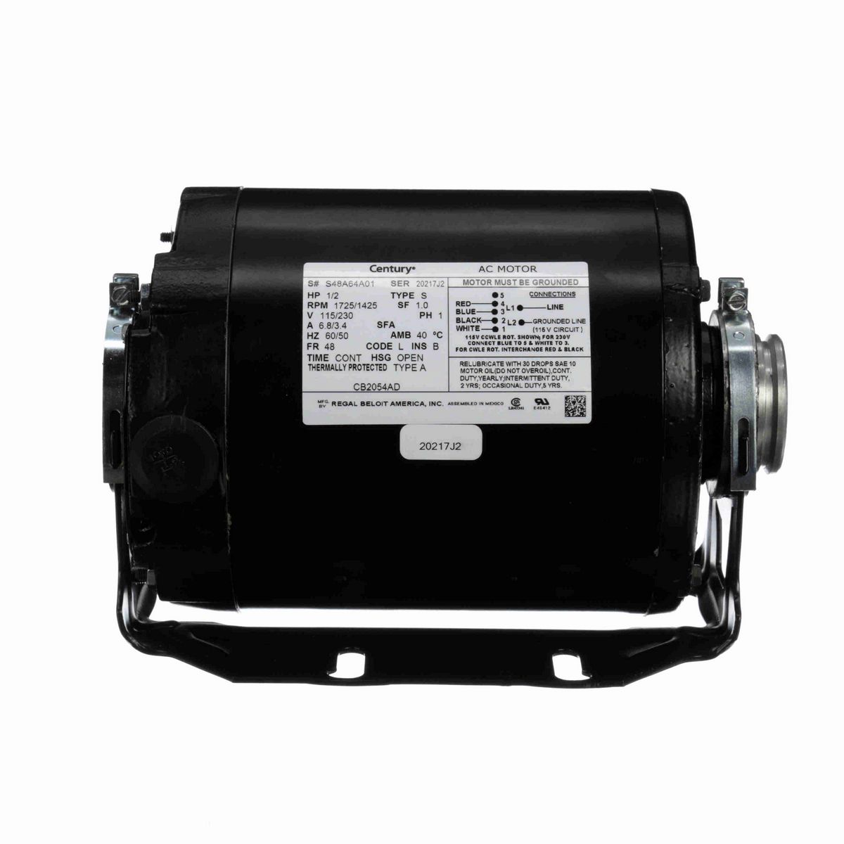 Century Carbonator Pump Motor, 1/2 HP, 1 Ph, 60/50 Hz, 115/230 V, 1800 RPM, 48 Frame, OPEN - CB2054AD