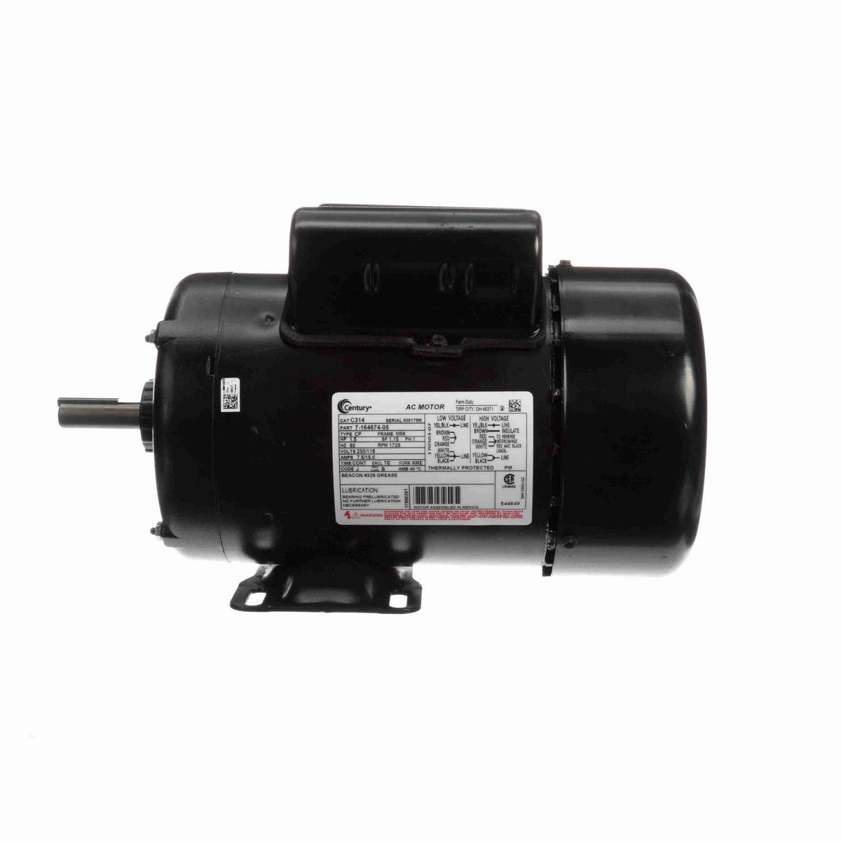 Century General Purpose Farm Duty Motor, 1.5 HP, 1 Ph, 60 Hz, 230/115 V, 1800 RPM, M56 Frame, TEFC - C314