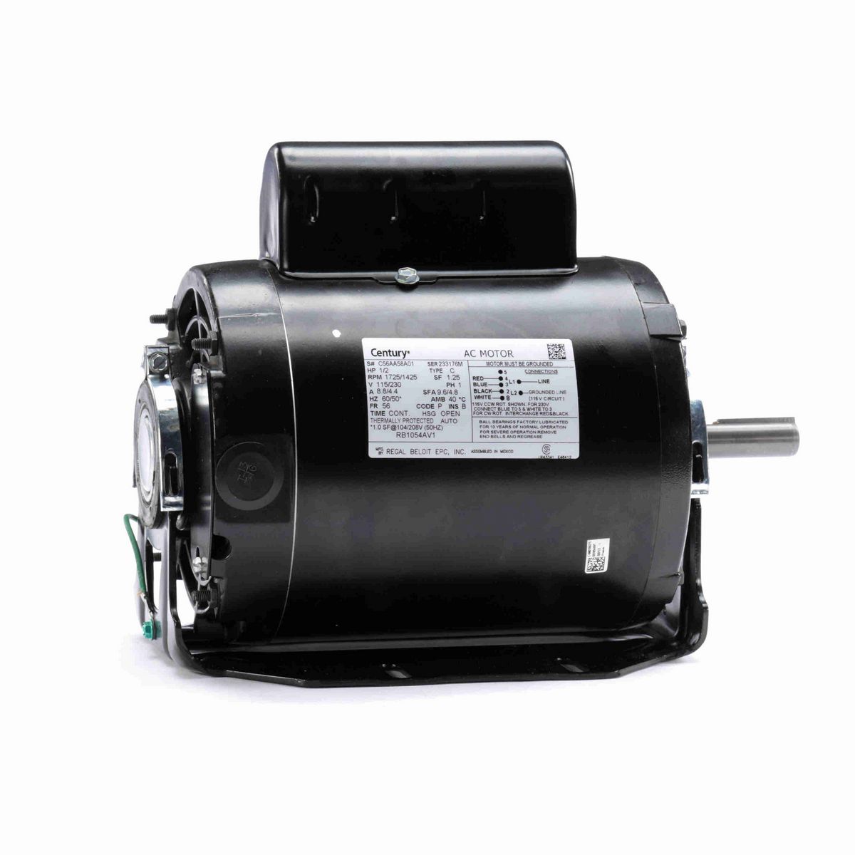 Century Fan and Blower Motor, 1/2 HP, 1 Ph, 60/50* Hz, 115/230 V, 1800 RPM, 56 Frame, OPEN - RB1054AV1