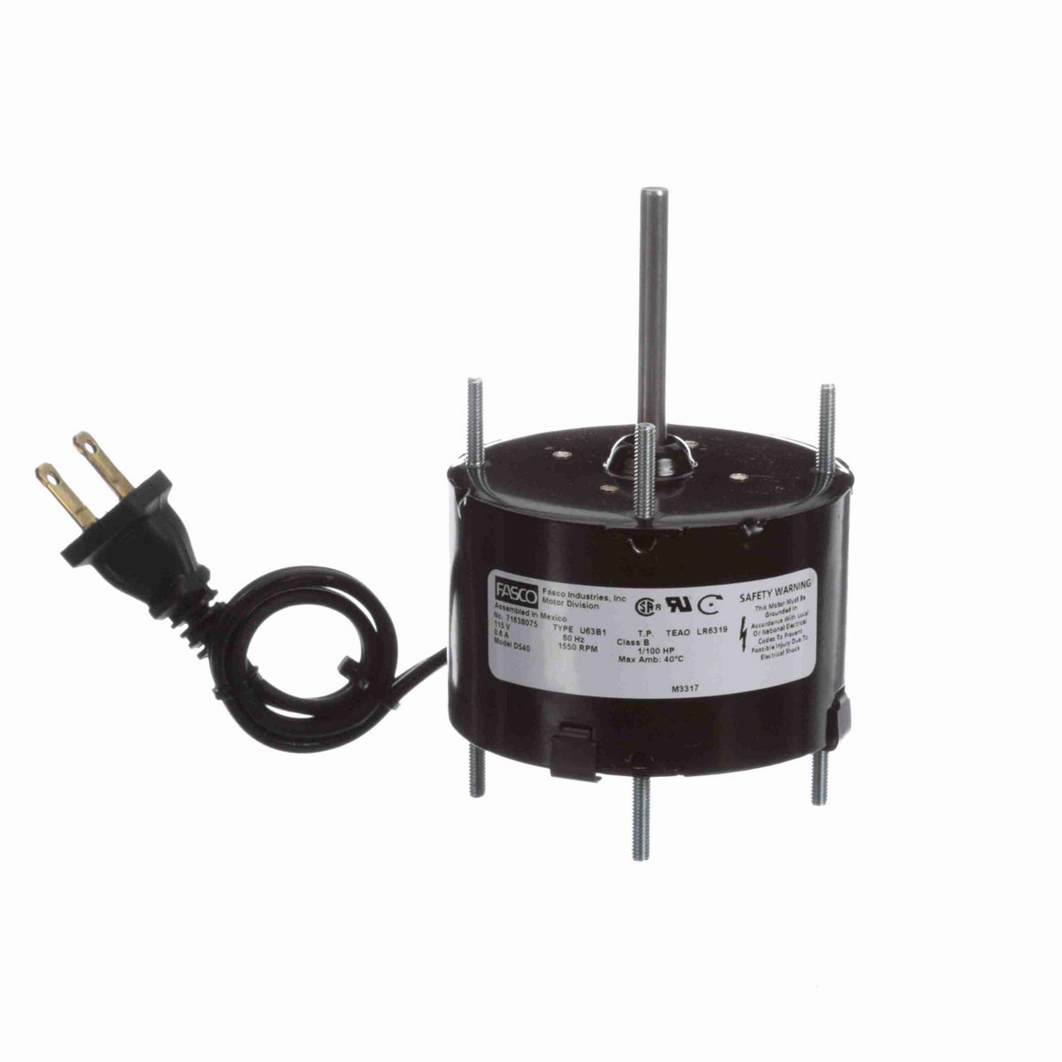 FASCO OEM Replacement Motor, 1/100 HP, 1 Ph, 60 Hz, 115 V, 1550 RPM, 1 Speed, 3.3" Diameter, TEAO - D540