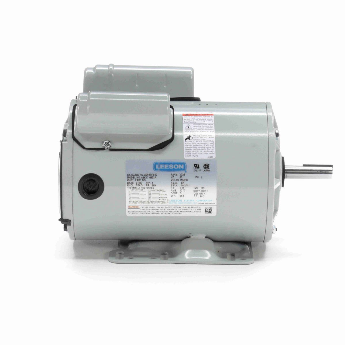 LEESON Agricultural Motor, 1 HP, 1 Ph, 60 Hz, 115/230 V, 1800 RPM, 56H Frame, TEAO - A009782.00