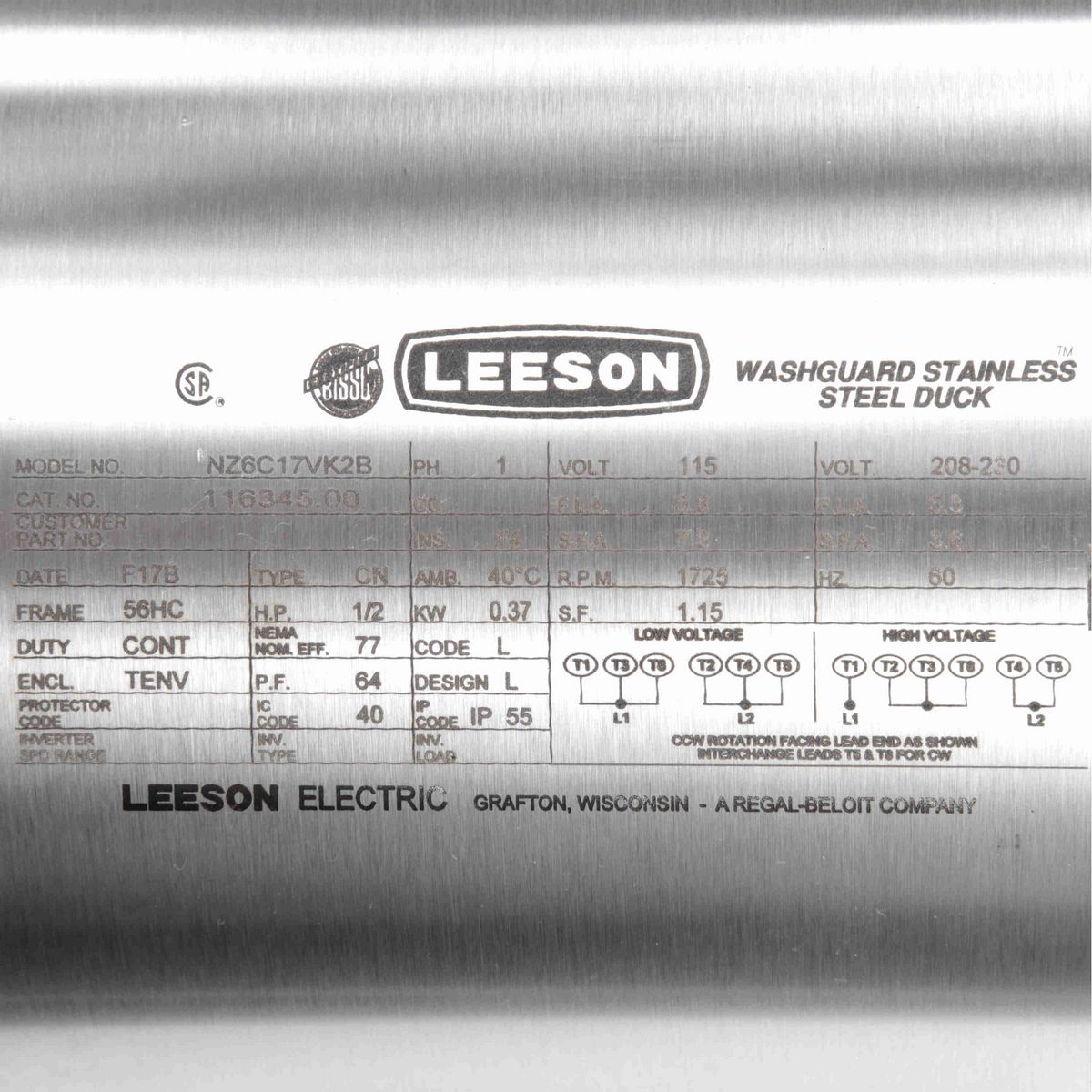 LEESON Premium Duck™ General Purpose Motor, 0.50 HP, 1 Ph, 60 Hz, 115/230 V, 1800 RPM, 56HC Frame, TENV - 116345.00