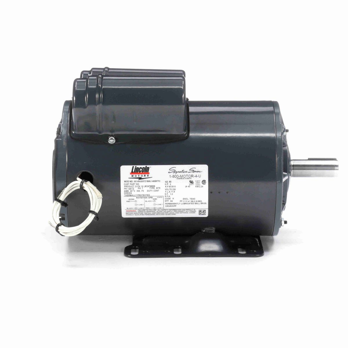 LEESON Agricultural Motor, 3 HP, 1 Ph, 60 Hz, 230 V, 3600 RPM, 145T Frame, TEAO - LM24788