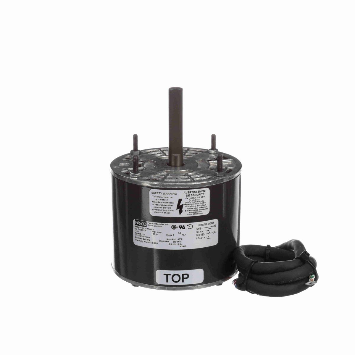 FASCO Fan and Blower Motor, 1/11-1/25-1/70 HP, 1 Ph, 60 Hz, 115 V, 1500 RPM, 3 Speed, 4.4" Diameter, OAO - D119