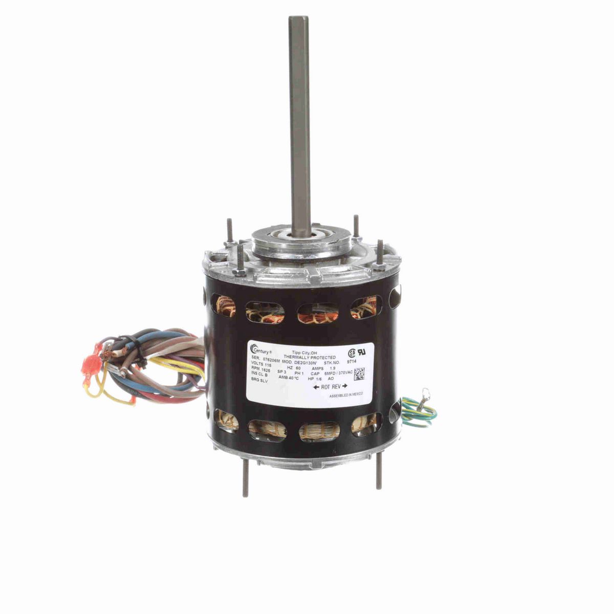 Century Fan and Blower Motor, 1/6 HP, 1 Ph, 60 Hz, 115 V, 1625 RPM, 3 Speed, 42 Frame, OAO - 9714A