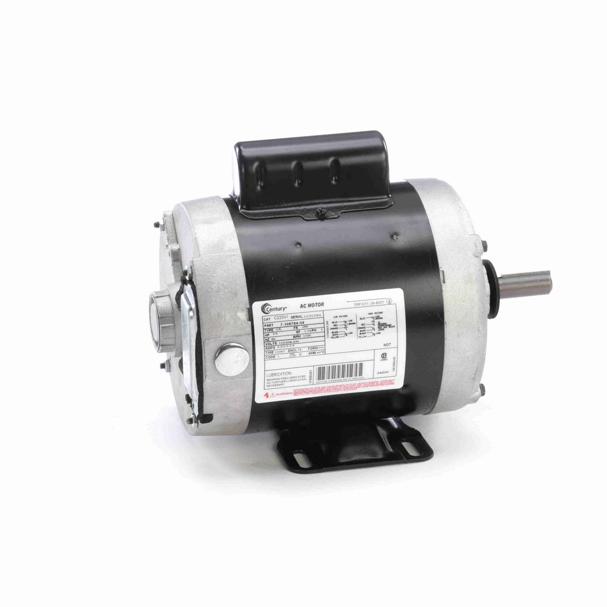 Century General Purpose Motor, 1/3 HP, 1 Ph, 60 Hz, 115/208-230 V, 1800 RPM, J56 Frame, TENV - C220V1