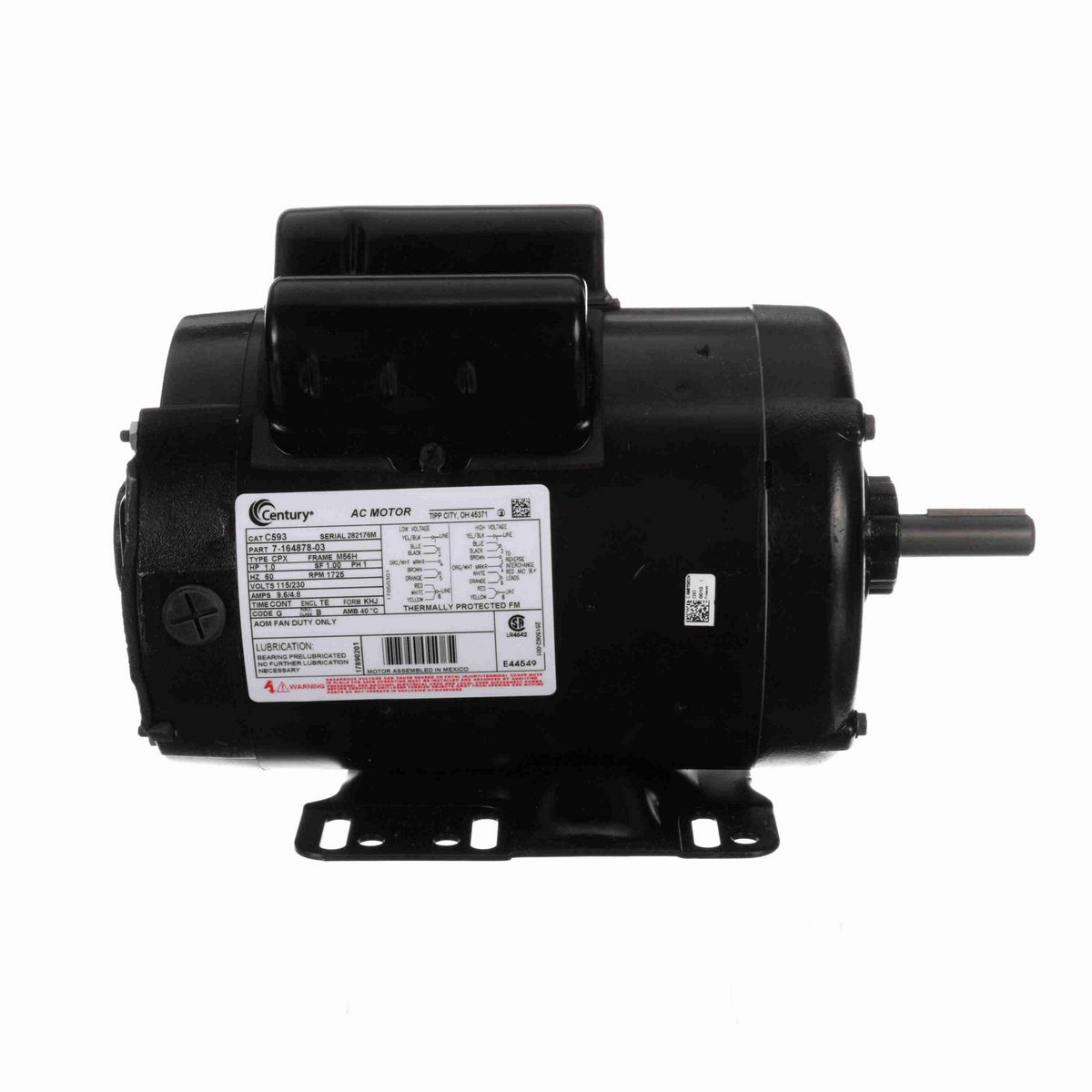 Century General Purpose Farm Duty Motor, 1.0 HP, 1 Ph, 60 Hz, 115/230 V, 1800 RPM, M56H Frame, TEAO - C593