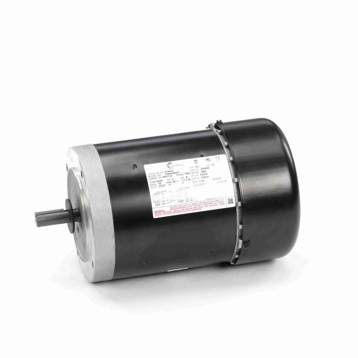 Century General Purpose Pump Motor, 2 HP, 3 Ph, 60 Hz, 230/460 V, 3600 RPM, F56C Frame, TEFC - H196ES