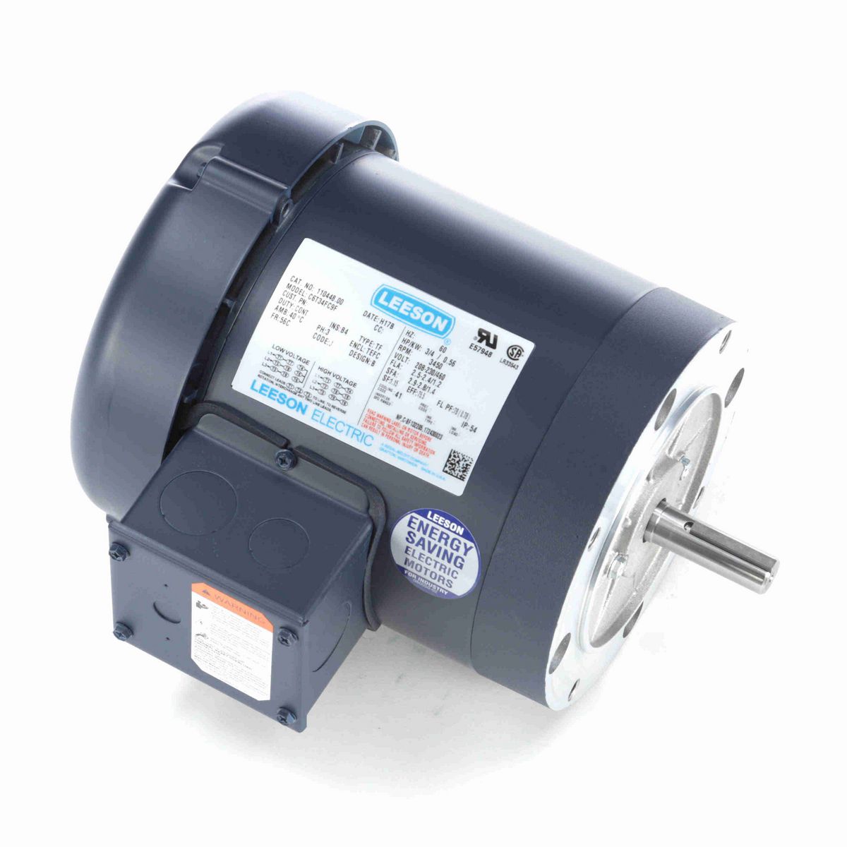 LEESON General Purpose Motor, 0.75 HP, 3 Ph, 60 Hz, 208-230/460 V, 3600 RPM, 56C Frame, TEFC - 110448.00