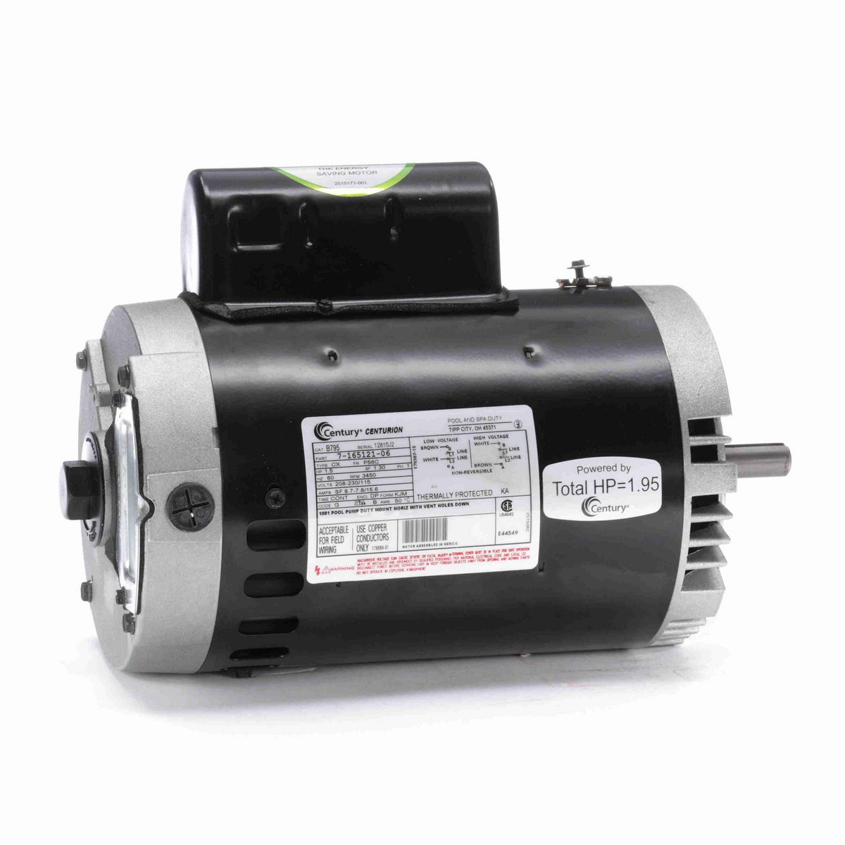 Century Pool Pump Motor, 1.5 HP, 1 Ph, 60 Hz, 208-230/115 V, 3600 RPM, P56C Frame, DP - B795