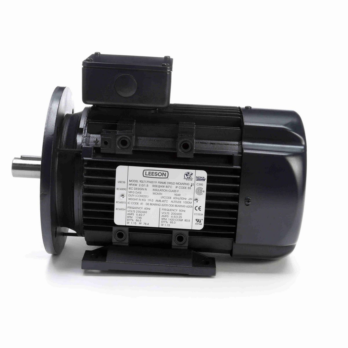 LEESON Aluminium Motor, 2 & 2 HP, 3 Ph, 60 & 50 Hz, 230/460 & 200/400 V, 1800 & 1500 RPM, 90L Frame, TEFC - R398A