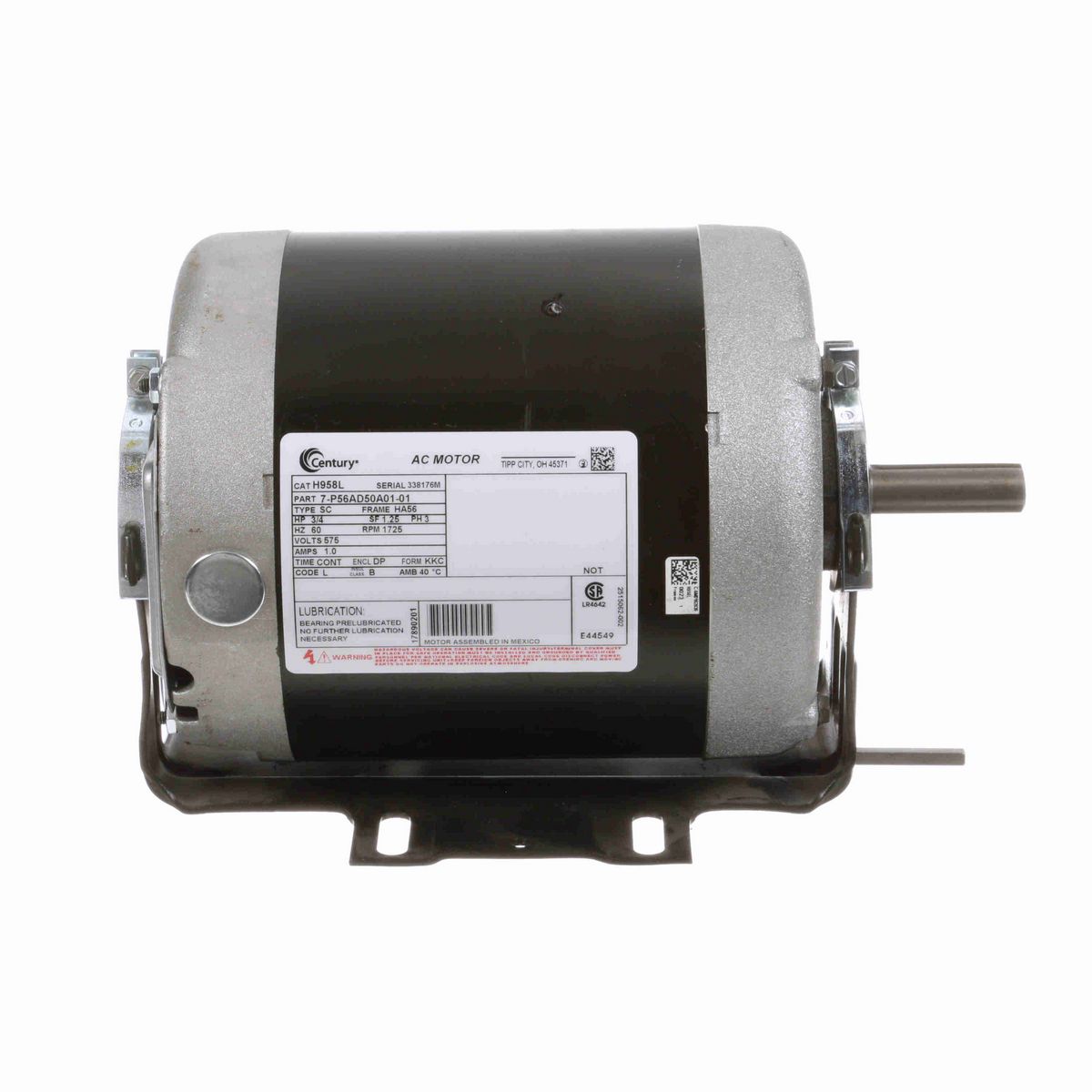 Century General Purpose Motor, 3/4 HP, 3 Ph, 60 Hz, 575 V, 1800 RPM, HA56 Frame, DP - H958L