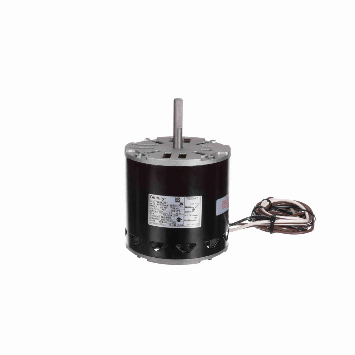Century OEM Replacement Motor, 1/3 HP, 1 Ph, 60 Hz, 115 V, 825 RPM, 1 Speed, 48 Frame, SEMI ENCL - OKB1038