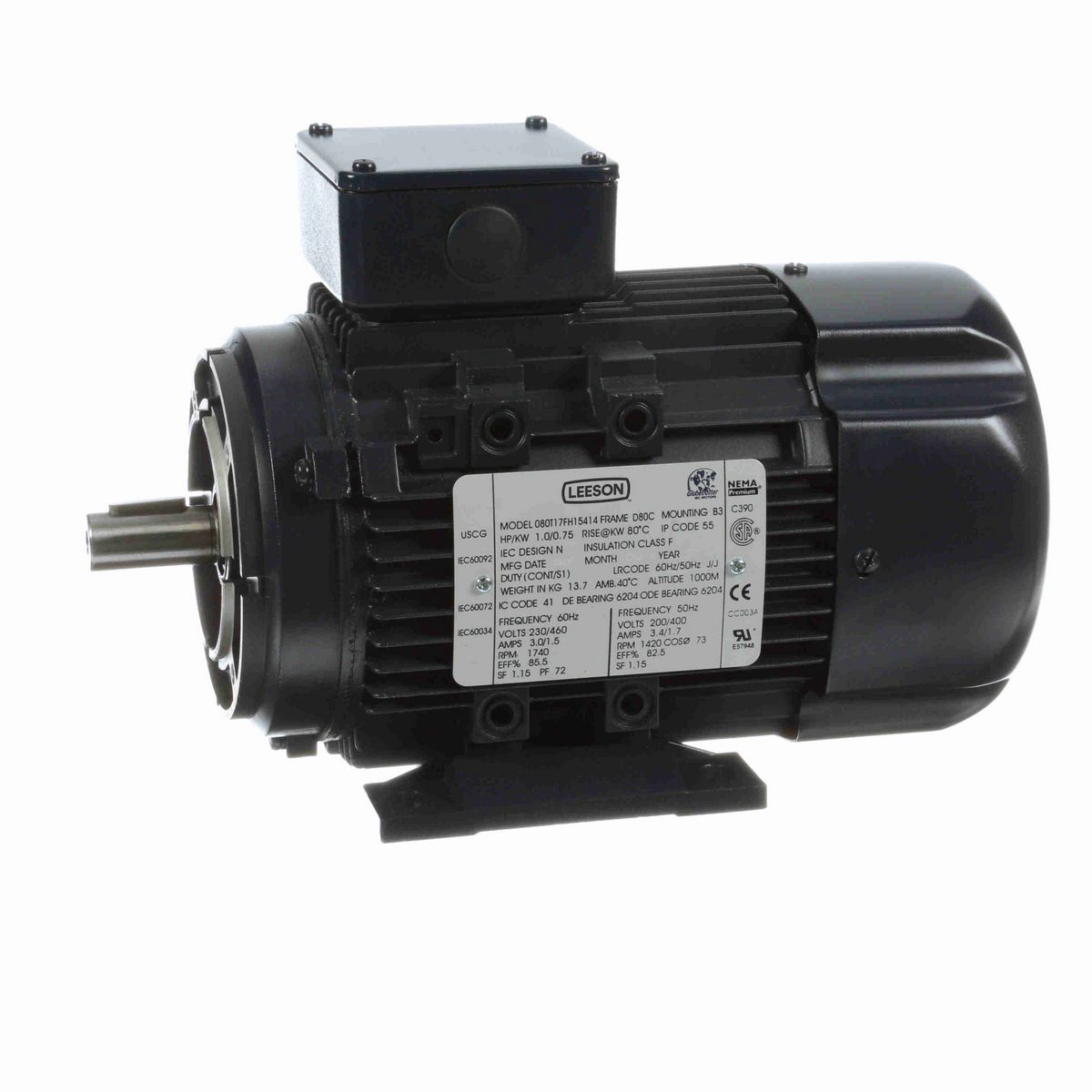 LEESON Aluminium Motor, 1 & 1 HP, 3 Ph, 60 & 50 Hz, 230/460 & 200/400 V, 1800 & 1500 RPM, 80C Frame, TEFC - R373A