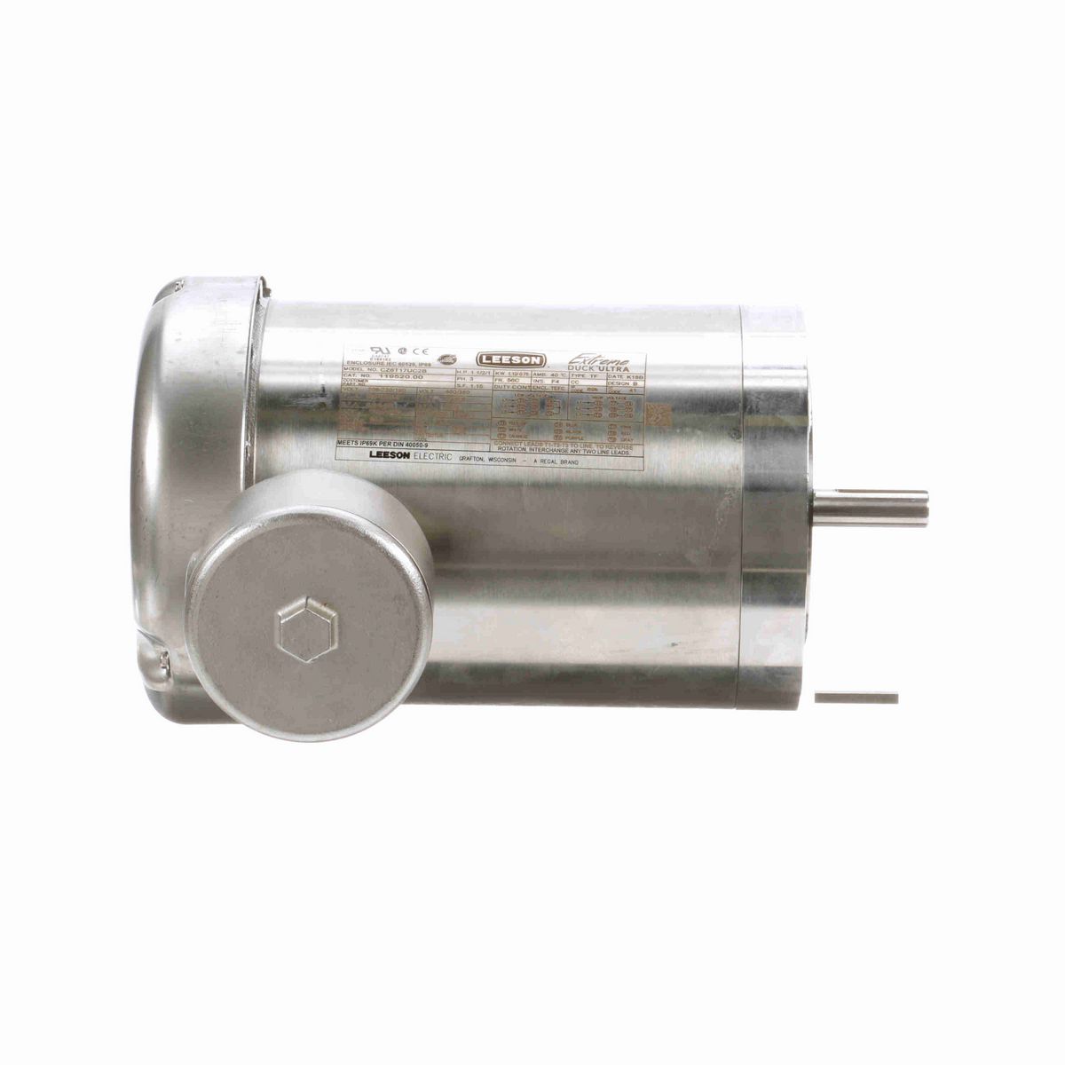 LEESON Extreme Duck® Ultra General Purpose Motor, 1.50 & 1 HP, 3 Ph, 60 & 50 Hz, 230/460 & 190/380 V, 1800 & 1500 RPM, 56C Frame, TEFC - 119520.00