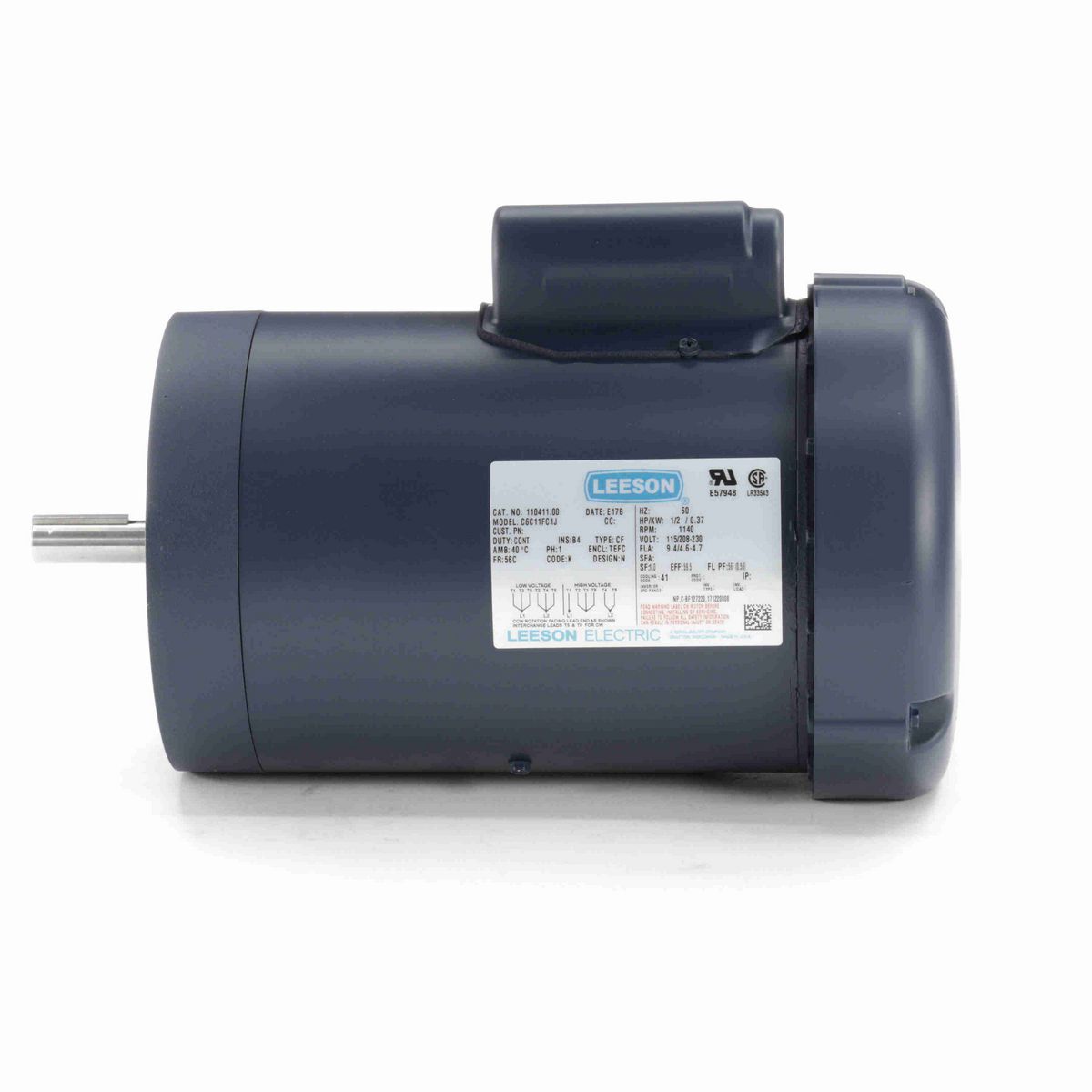 LEESON General Purpose Motor, 0.50 HP, 1 Ph, 60 Hz, 115/230 V, 1200 RPM, 56C Frame, TEFC - 110411.00