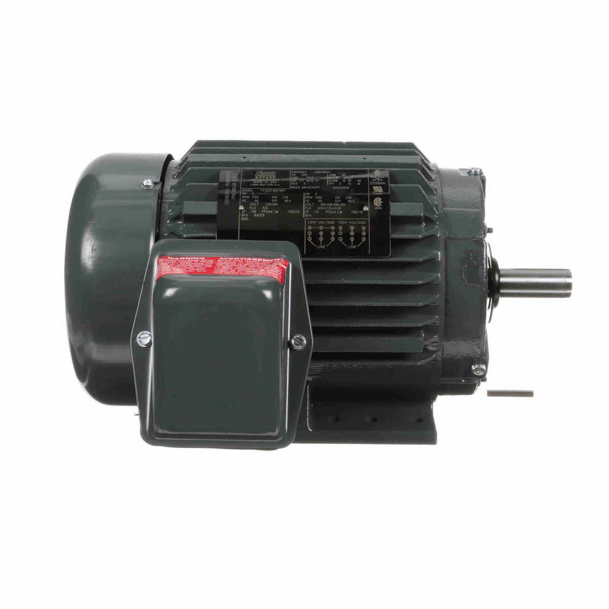 LEESON General Purpose Motor, 2 & 2 HP, 3 Ph, 60 & 50 Hz, 230/460 & 190-208/380-415 V, 1800 & 1500 RPM, 145T Frame, TEFC - LM34264