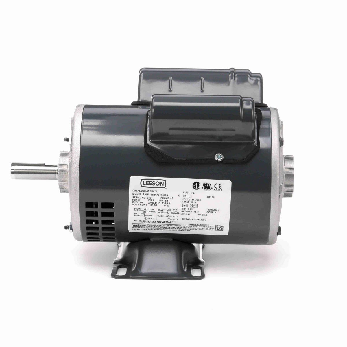 LEESON General Purpose Motor, 0.50 HP, 1 Ph, 60 Hz, 115/230 V, 1800 RPM, 56 Frame, DP - C167A