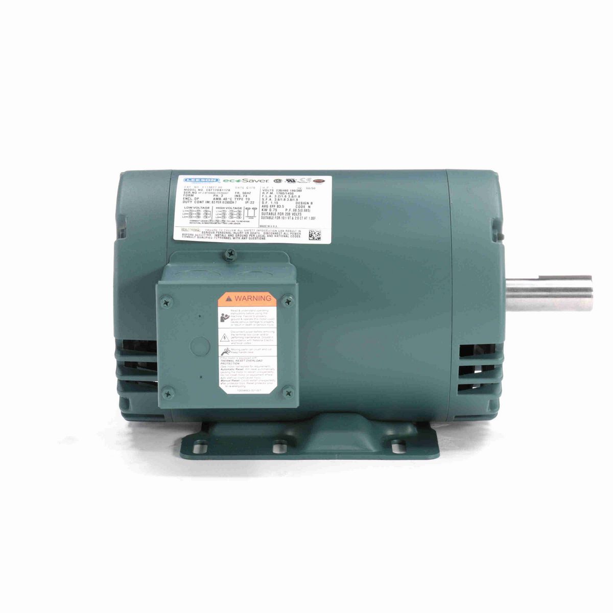 LEESON ecoSaver™ General Purpose Motor, 1 & 1 HP, 3 Ph, 60 & 50 Hz, 230/460 & 190/380 V, 1800 & 1500 RPM, 56HZ Frame, DP - E115827.00
