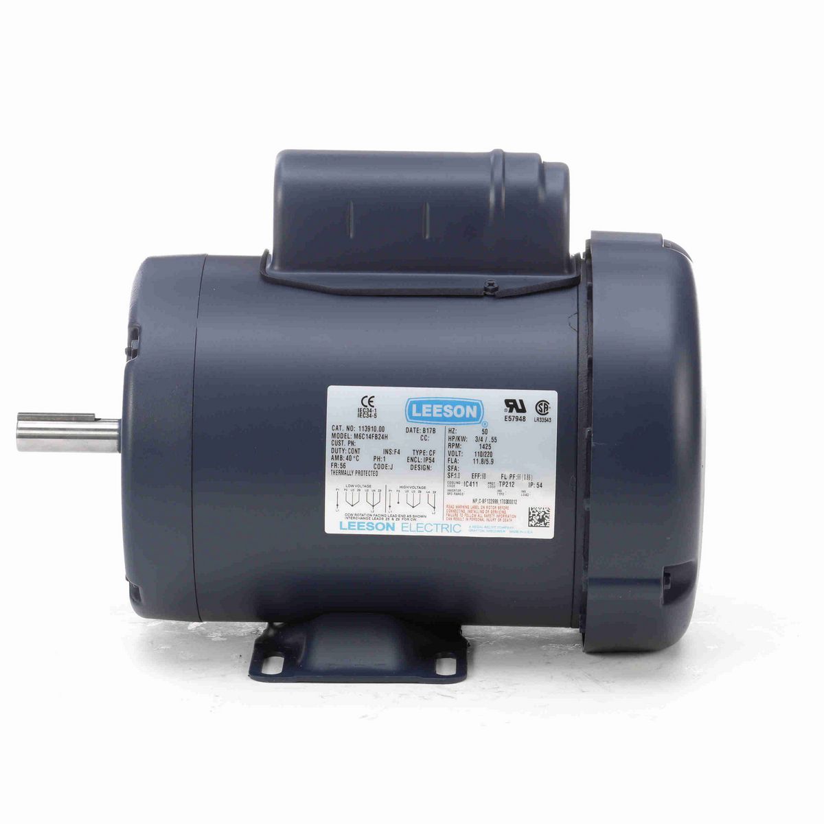LEESON Special Voltage Motor, 0.75 HP, 1 Ph, 50 Hz, 110/220 V, 1500 RPM, 56 Frame, TEFC - 113910.00