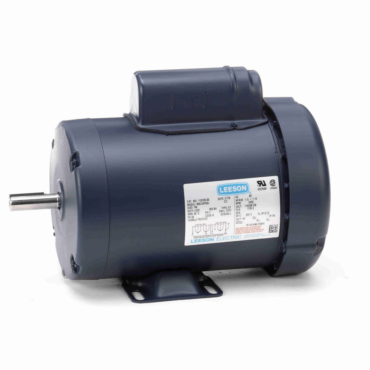 LEESON General Purpose Motor, 1.50 HP, 1 Ph, 60 Hz, 115/230 V, 3600 RPM, 56 Frame, TEFC - 110109.00