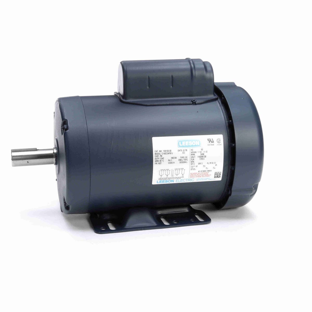 LEESON General Purpose Motor, 1.50 HP, 1 Ph, 60 Hz, 115/230 V, 3600 RPM, 143T Frame, TEFC - 120130.00