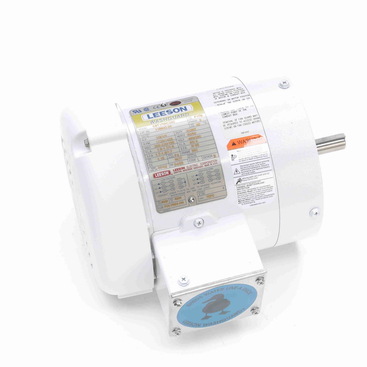 LEESON White Duck™ General Purpose Motor, 0.33 & 0.25 HP, 3 Ph, 60 & 50 Hz, 230/460 & 190/380 V, 3600 & 3000 RPM, 56C Frame, TENV - 116641.00