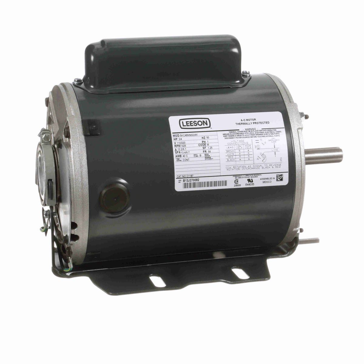 LEESON General Purpose Motor, 0.75 HP, 1 Ph, 50 Hz, 110/220 V, 1500 RPM, 56 Frame, DP - C1187
