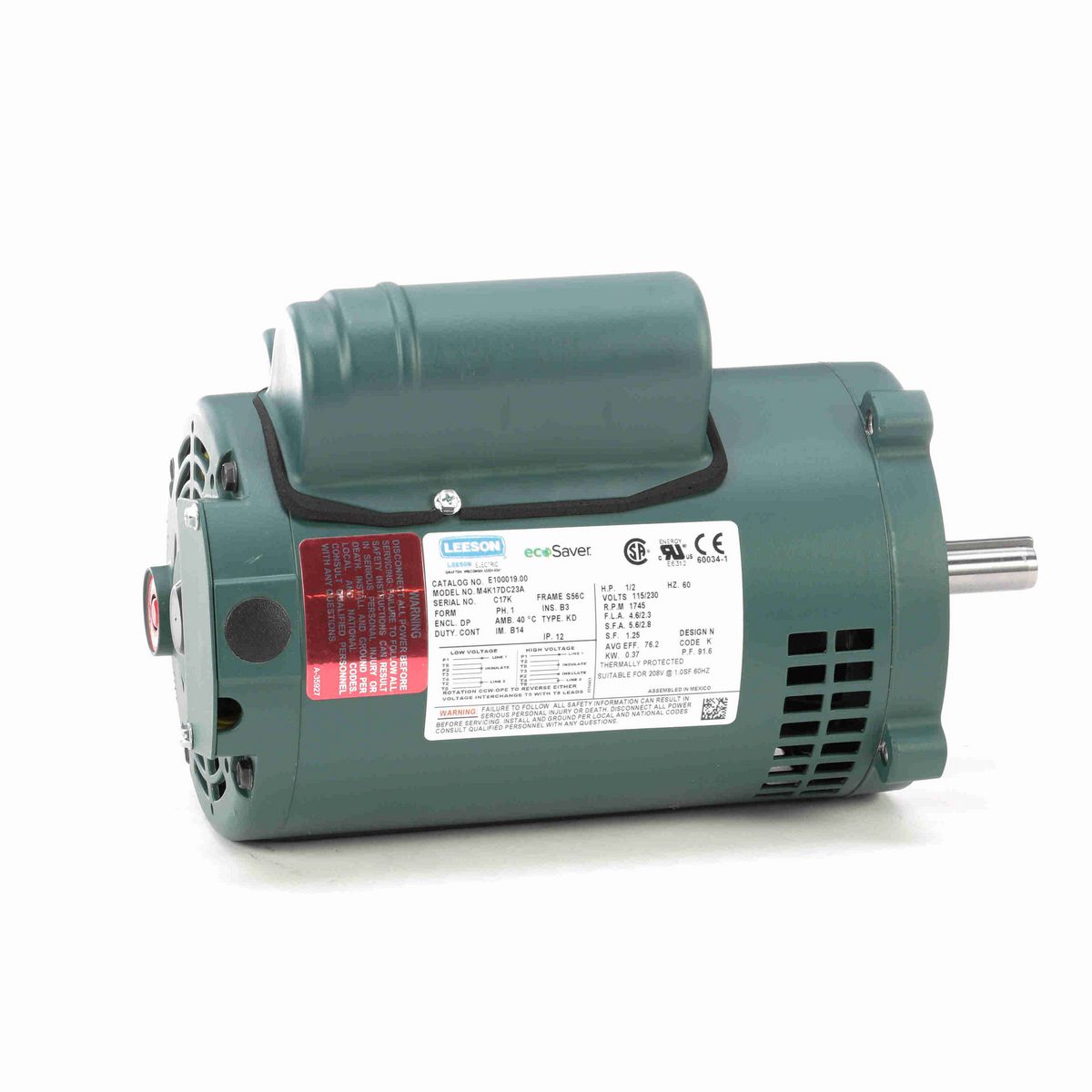 LEESON ecoSaver™ General Purpose Motor, 0.50 HP, 1 Ph, 60 Hz, 115/230 V, 1800 RPM, S56C Frame, DP - E100019.00