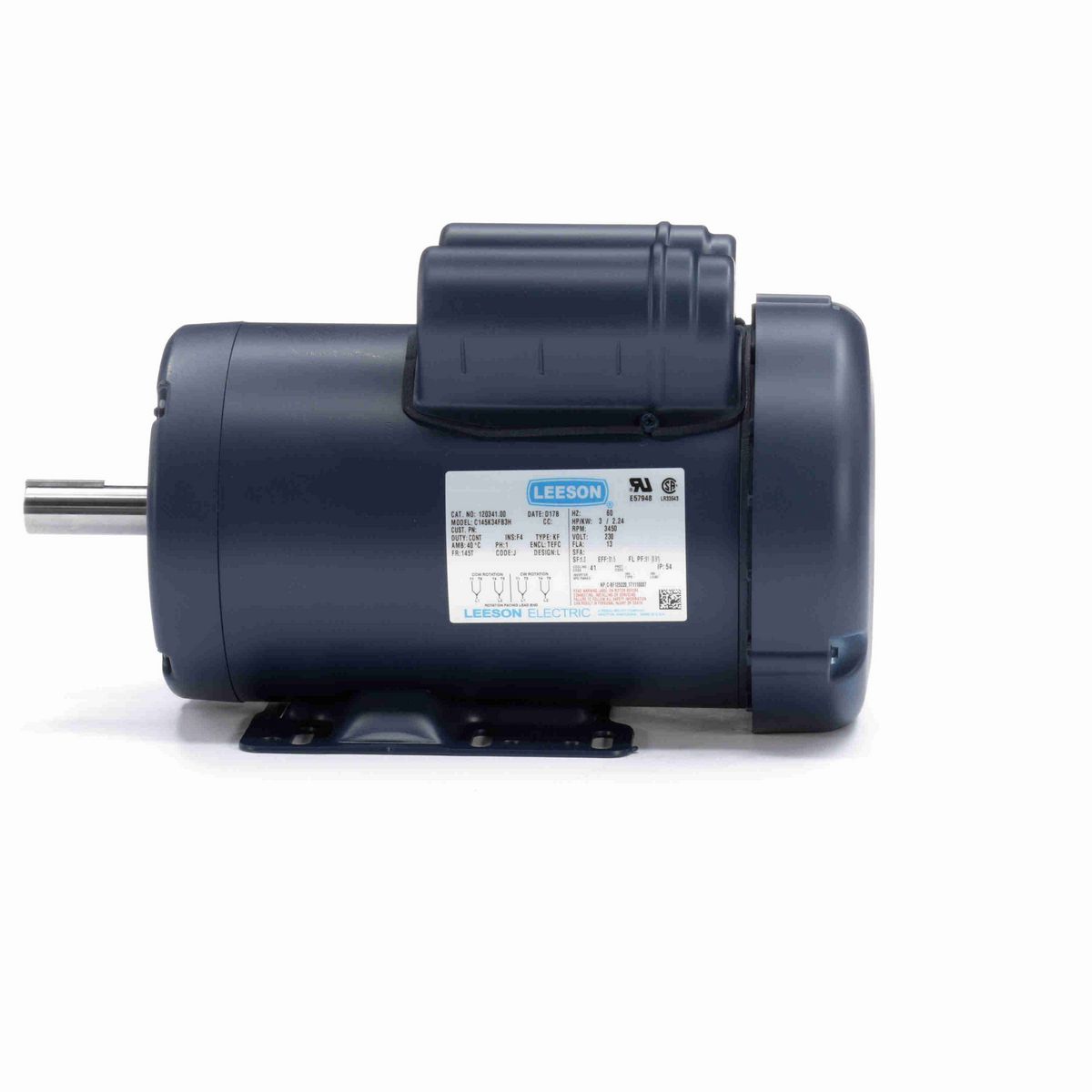LEESON General Purpose Motor, 3 HP, 1 Ph, 60 Hz, 230 V, 3600 RPM, 145T Frame, TEFC - 120341.00