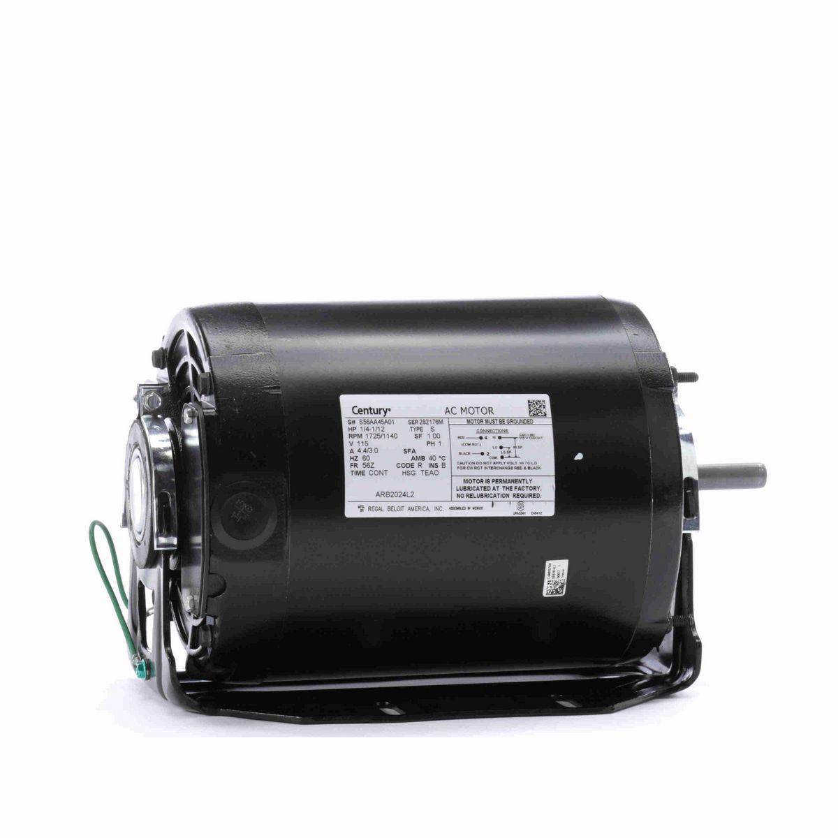 Century Fan and Blower Motor, 1/4-1/12 HP, 1 Ph, 60 Hz, 115 V, 1800 RPM, 56Z Frame, TEAO - ARB2024L2