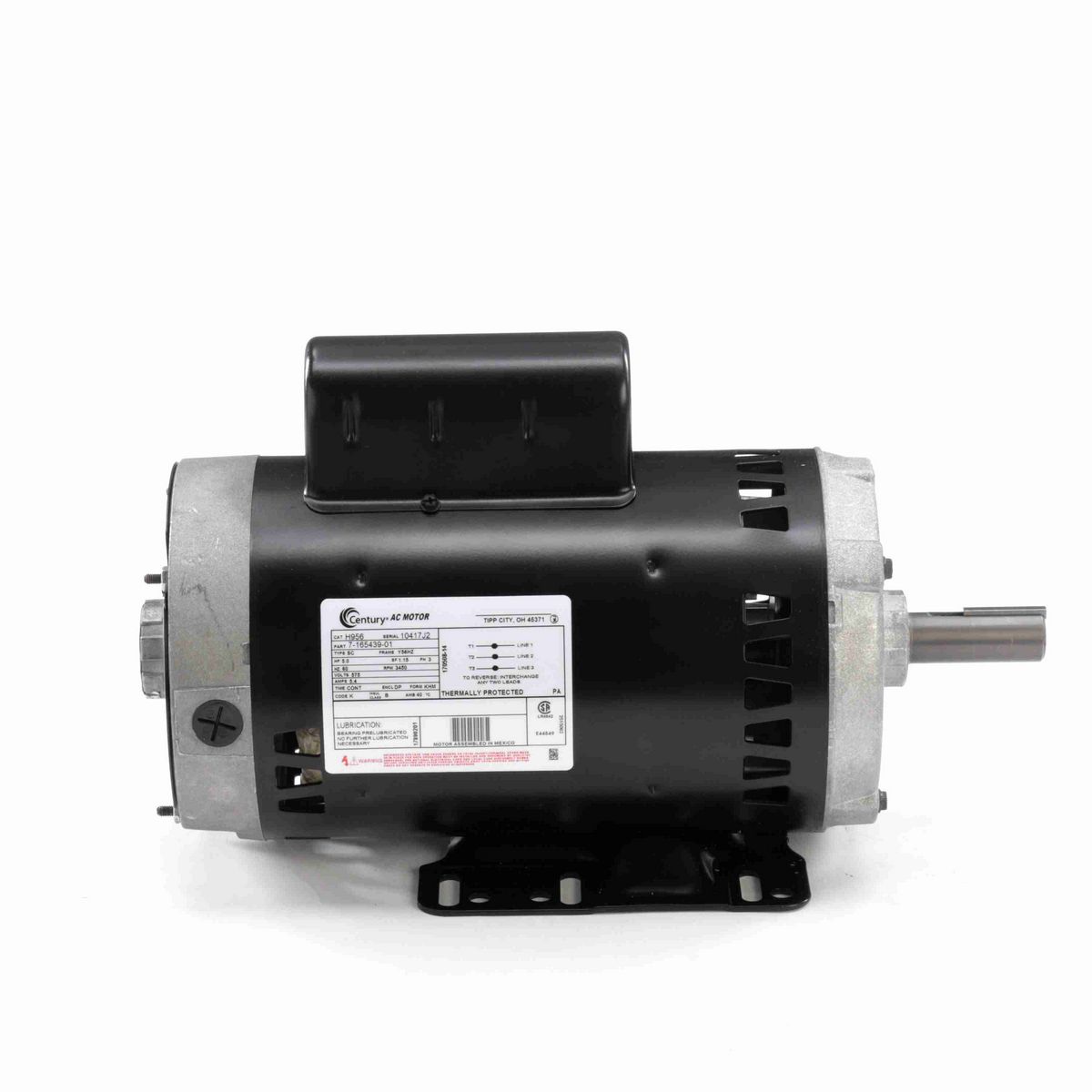 Century General Purpose Motor, 5.0 HP, 3 Ph, 60 Hz, 575 V, 3600 RPM, Y56HZ Frame, DP - H956