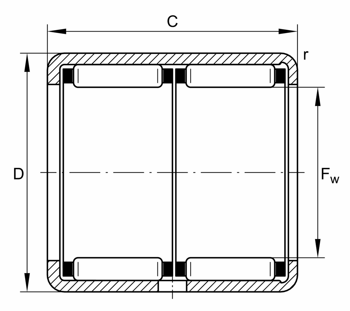 Игольчатый роликоподшипник с одним наружным штампованным кольцом INA HK3038-ZW
