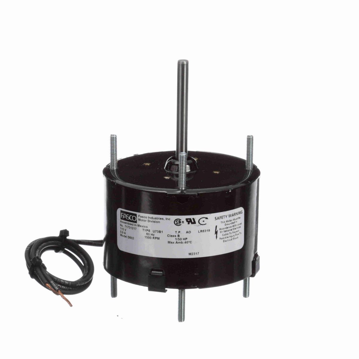 FASCO Fan and Blower Motor, 1/50 HP, 1 Ph, 60 Hz, 115 V, 1500 RPM, 1 Speed, 3.3" Diameter, TEAO - D602