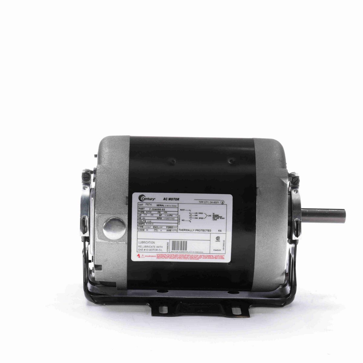 Century Fan and Blower Motor, 1/3-.09 HP, 1 Ph, 60 Hz, 115 V, 1800 RPM, J56 Frame, DP - F674