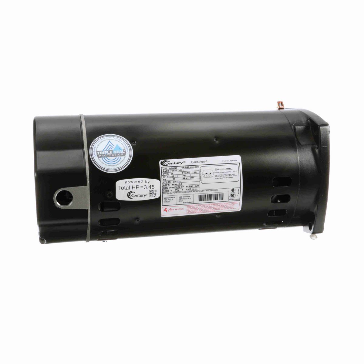Century Pool Pump Motor, 3.45 HP, 1 Ph, 60 Hz, 208-230 V, 3600 RPM, Y56Y Frame, DP - HBQ345