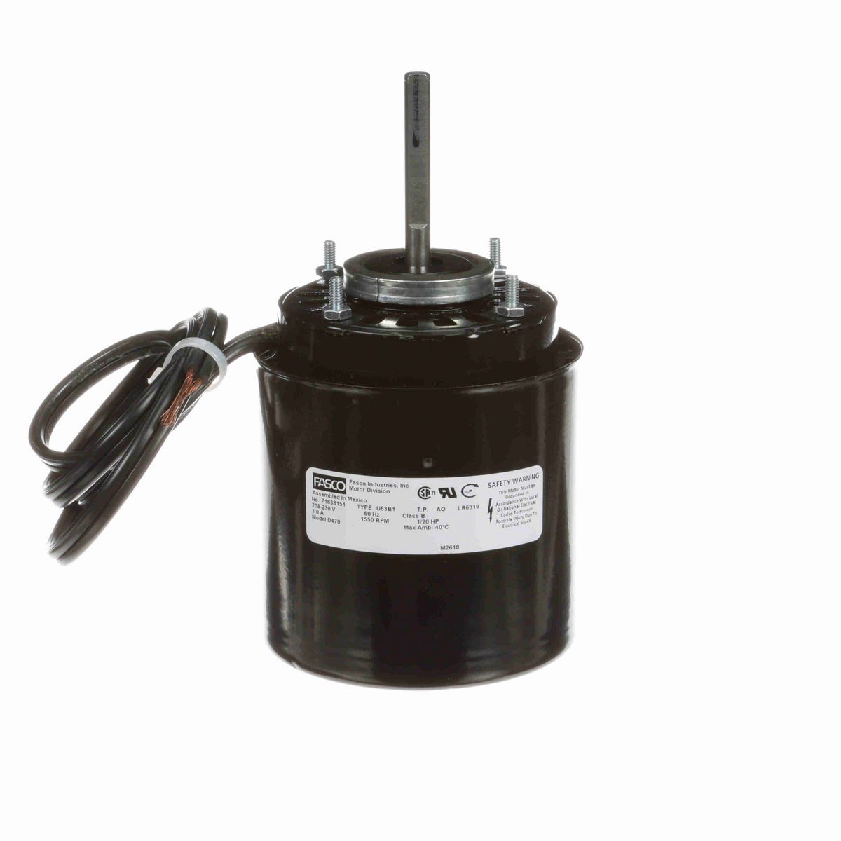 FASCO Refrigeration Motor, 1/20 HP, 1 Ph, 60 Hz, 208/230 V, 1550 RPM, 1 Speed, 3.3" Diameter, OAO - D470