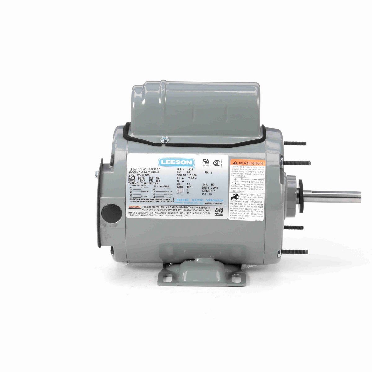 LEESON Agricultural Motor, 0.25 HP, 1 Ph, 60 Hz, 115/230 V, 1800 RPM, 48Y Frame, TENV - 100699.00