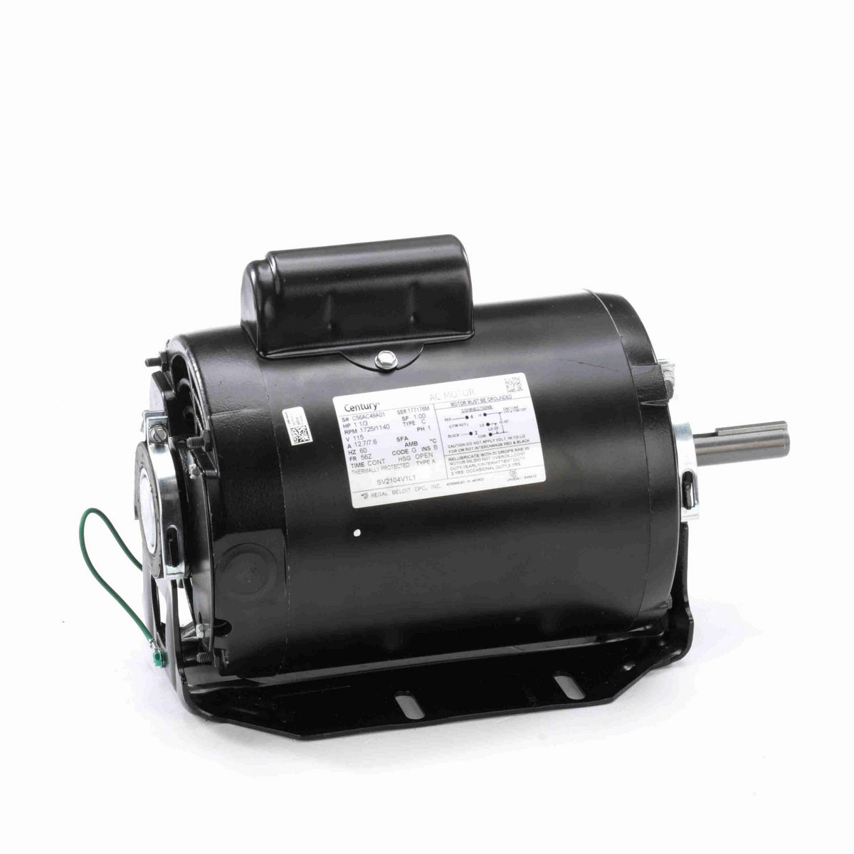 Century Refrigeration Motor, 1 1/3 HP, 1 Ph, 60 Hz, 115 V, 1800 RPM, 56Z Frame, OPEN - SV2104V1L1
