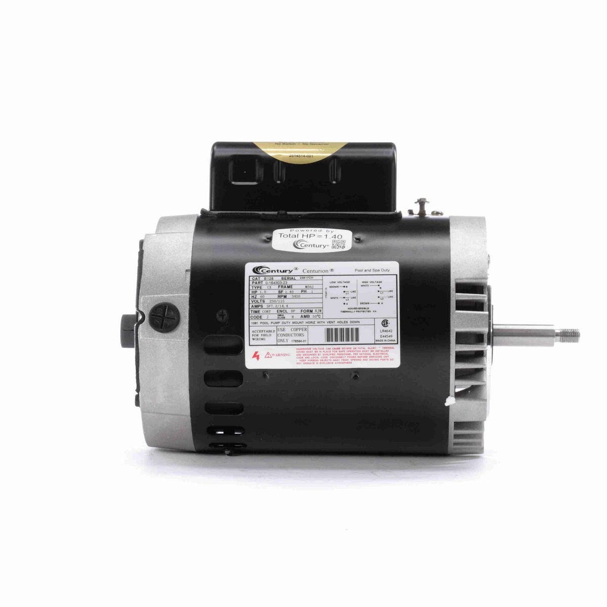 Century Pool Pump Motor, 1.0 HP, 1 Ph, 60 Hz, 230/115 V, 3600 RPM, M56J Frame, DP - B128