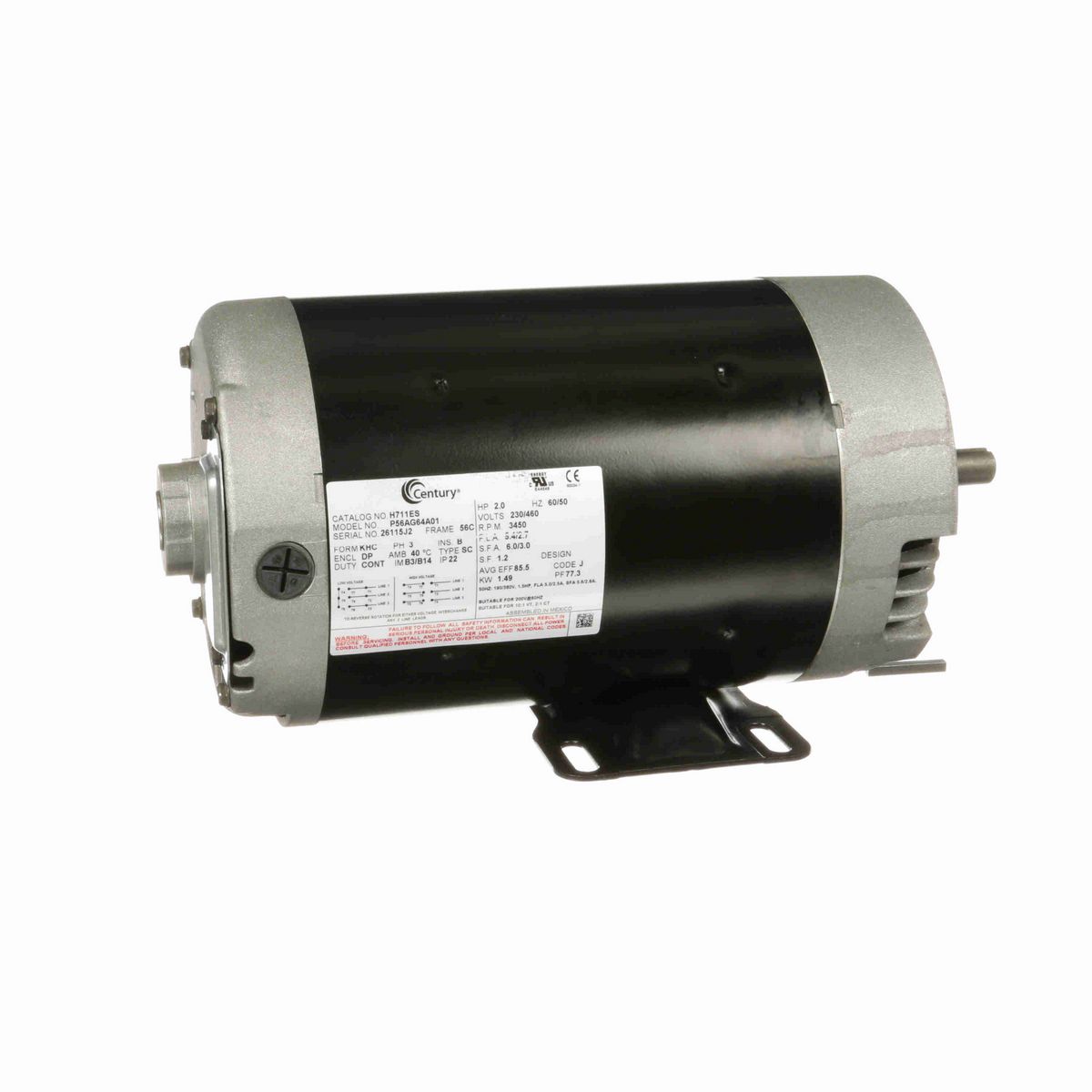 Century General Purpose Motor, 2.0 HP, 3 Ph, 60/50 Hz, 230/460 V, 3600 RPM, 56C Frame, ODP - H711ES